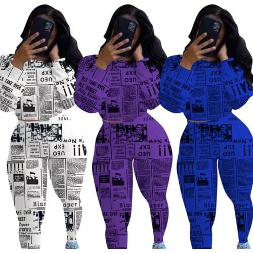 New Fashion Tracksuit Newspaper Print Skinny T-shirt And Trousers Autumn Winter Women Two Piece Set