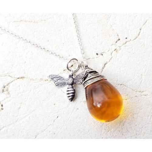 Honey Bee Necklace in Silver. Amber Wire Wrapped Briolette Charm Necklace.Honey Amber Necklace