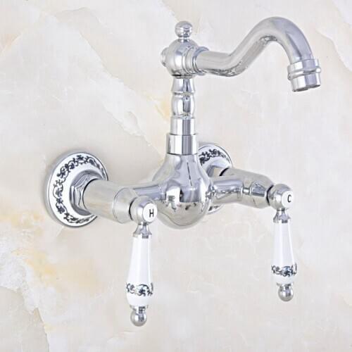 Polished Chrome Brass Wall Mounted Bathroom Kitchen Sink Faucet Swivel Spout Mixer Tap Dual Ceramics Handles Levers mnf568