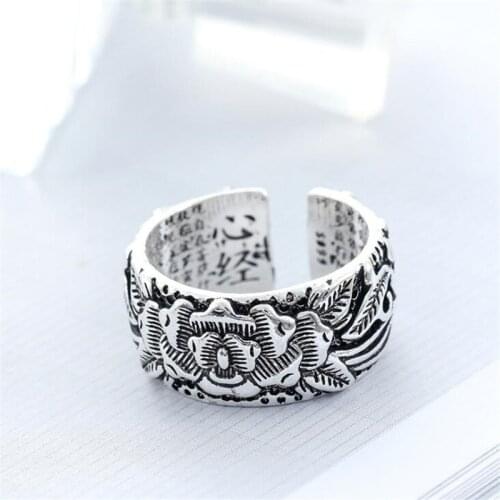 Retro Buddhist Heart Sutra Scripture Lotus And Vintage Bodhi 925 Sterling Silver Open Rings For Mens Accessories SR282