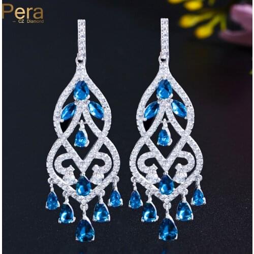 Pera Luxury Royal CZ Jewelry Big Chandelier Long Hollow Hanging Drop Blue Stone Evening Party Brilliant Earrings For Women E298