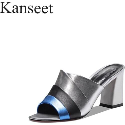 Kanseet Womens Shoes 2021 Summer Comfort Thick Heels Handmade Open-Toed Fashion Mixed Colors 7.5cm High Heels Slippers Women