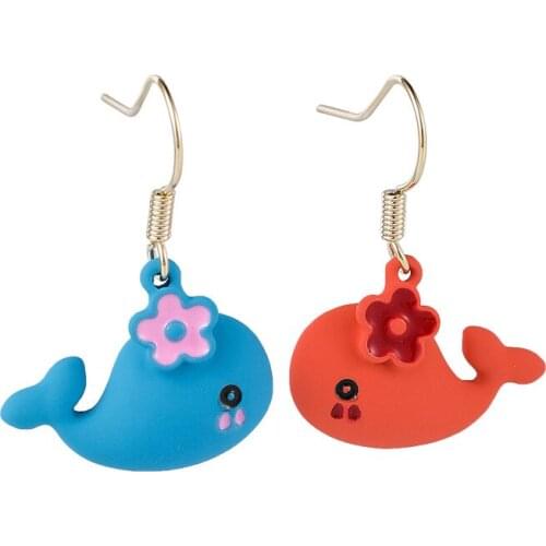 Cute Dolphin Flower Hoop Earrings Pink Blue Contrast Color Sweety Small Drop Earings Dangle Women Fashion Whale Ear Jewelry