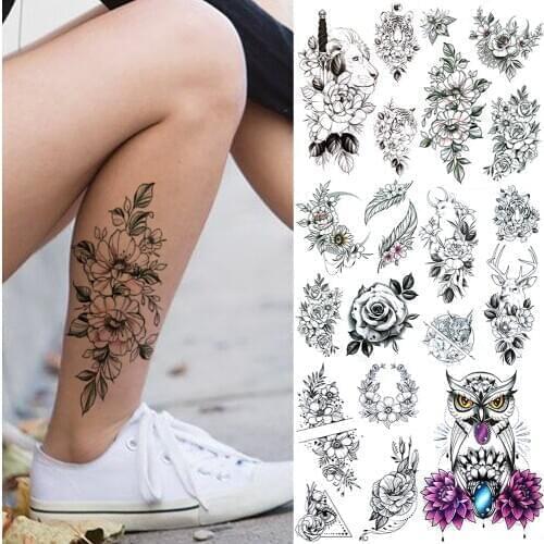 Unique Peony Temporary Tattoos For Women Girl Realistic Lion Owl Tiger Reindeer Flora Fake Tattoo Sticker Thigh Waterproof Tatos