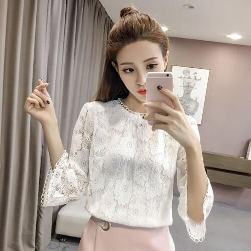 Spring Autumn Style Women Casual Lace Blouses Shirts Lady Casual Three Quarter Sleeve O-Neck Blusas Tops White Beige DD2499