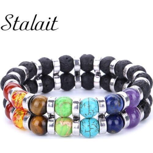 8mm Vintage Seven Chakra Double Layer Plated Strand Bracelet Onyx Stone Natural Stone Balance Bracelet Female Buddha Bracelet