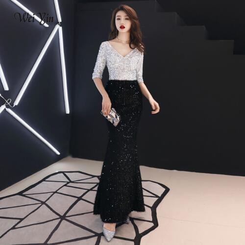 Weiyin V Neck Vintage Mermaid Evening Dress 2021 New Arrivals Sequined Dress Lace Elegant Woman Party Dress WY1212