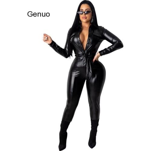 High Waist Womens Pu Leather Jumpsuits Lace-Up Skinny Bodysuits Female Single-Breasted Faux Leather Autumn Winter Sexy Overalls