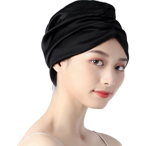 Black Silk Bonnet sleeping Cap Women Silk Turbans Mulberry Stretch Silk Headwear Sleeping Elegant Hair Care Accessories