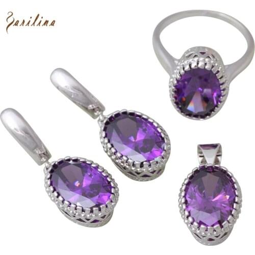 Purple Crystal Purple Cubic Zirconia Silver Color Pendants/Ring/Earrings Womens Jewelry Set Size 6 7 8 9 S271