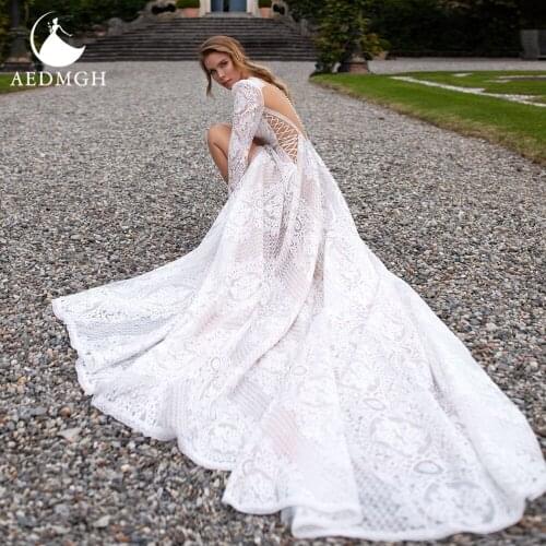 Aedmgh A-Line Boho Wedding Dresses 2021 O-Neck Long Sleeve Vestido De Novia Lace Applique Backless Illusion Split Robe De Marige
