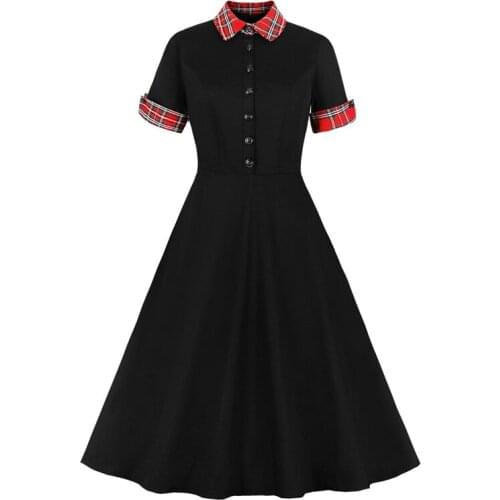 2021 Contrast Tartan Collar and Cuff 1950s Vintage Black Midi Dress Rockabilly Button Up Elegant Women 95% Cotton Swing Dresses
