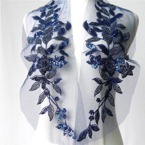 1 Pair Exquisite Pearl Beaded Lace Applique With Sequins On Mesh For Bridal Belt, Headpiece Navy Blue Ivory White Gold Pink