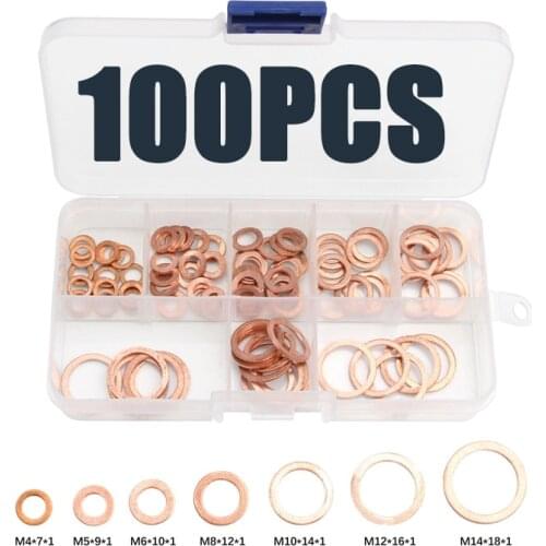 100Pcs/Set M4-M14 Assorted Copper Washer Gasket Set Flat Ring Seal Assortment Kit with Box For Hardware Accessories