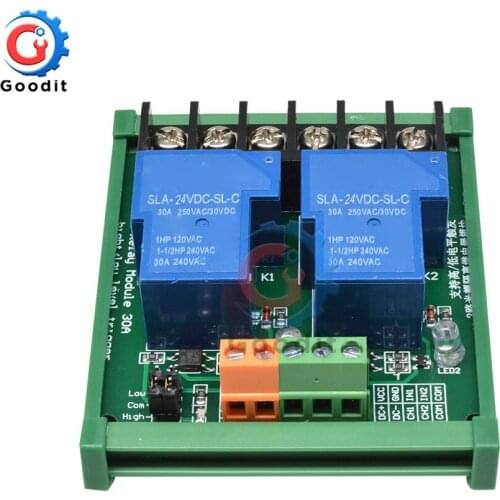 12V 24V Two Channel Relay Module 30A with Optocoupler Isolation High and Low Trigger for Smart Home PLC Automation Control