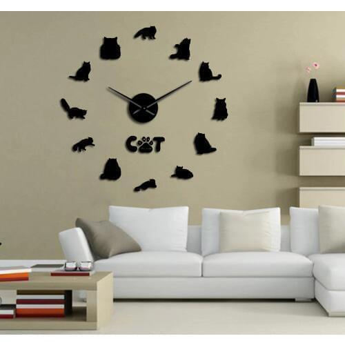 Persian Cat Large DIY Wall Clock Persian Longhair Cat Breeds Modern 3D Wall Clock with Iranian Shirazi Cat Kitty Mirror Stickers