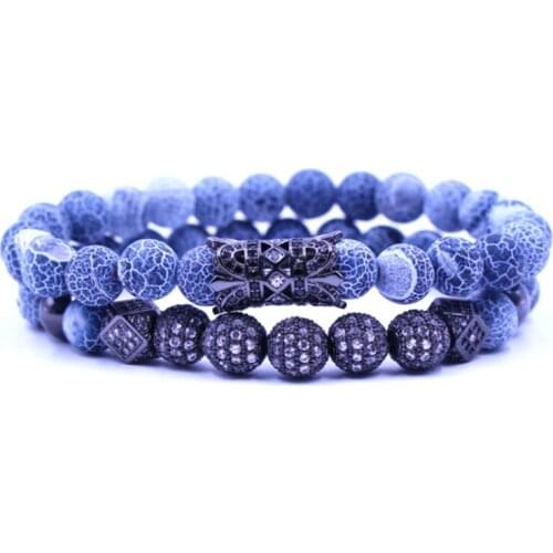 8mm 2PCS/Set uik3 elastic adjusted nature grey weathering agate micro pave cz zircon cubic zirconia tube Bracelet