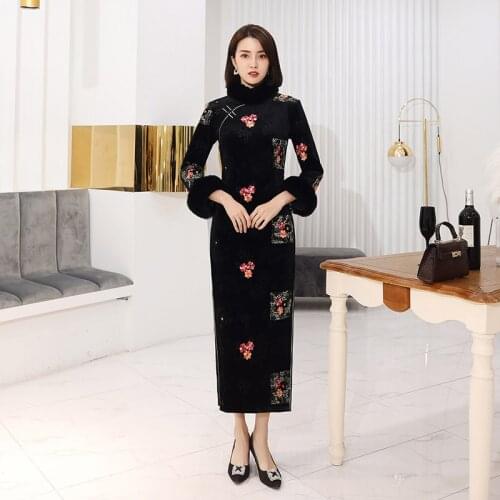 Black Vintage Print Flower Women Qipao Chinese Traditional Mandarin Collar Classic Cheongsam Sexy Slim Long Vestidos Plus Size
