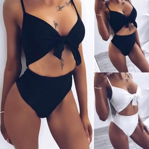 Summer Sexy Women One Piece Swimsuit Solid Swimwear Bandage Push Up Monokini Swimsuit Bathing Suit High Waist Bikini Set