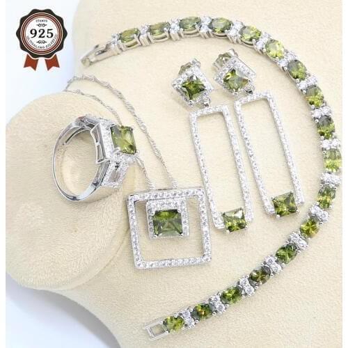 Geometric Olive Green Zircon Silver Color Jewelry Set for Women Bridal Bracelet Long Earring Necklace Pendant Ring Birthday Gift