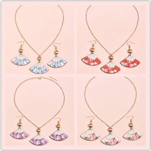 Handmade Sector Ancient Chinese Style Fans Hanging Earrings Necklace Set Women Wooden Fan Dangle Earrings Charming Jewelry Set