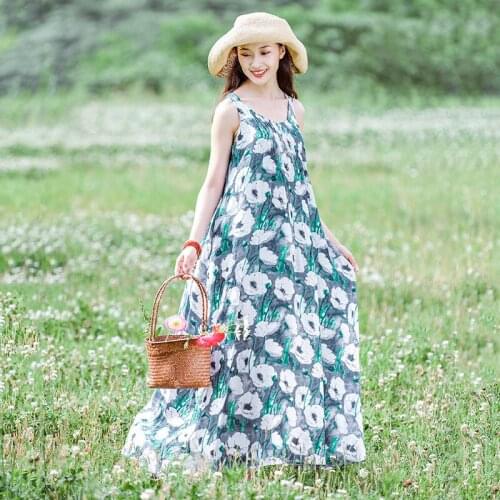 QPFJQD Ladies Summer Sundress Tank Dress Flower Print Women Sleeveless Loose Printed Dress Long 2021