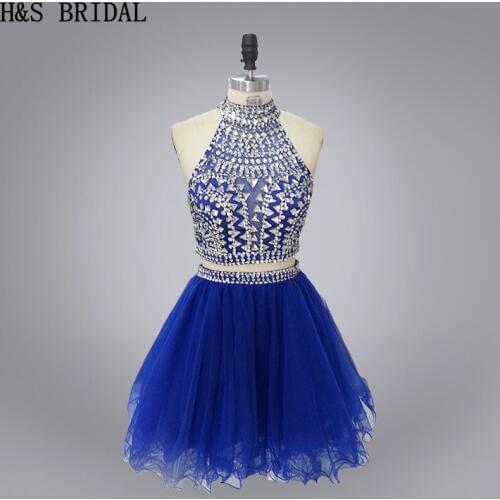 Real photo Sexy Royal blue High neck crystal beading two piece party gown short evening dresses 2016