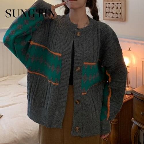 Sungtin Vintage Argyle Sweater Cardigan Women Korean Casual Twist Knitted Sweater Female Cozy O Neck Loose Jumpers Coat 3 Colors
