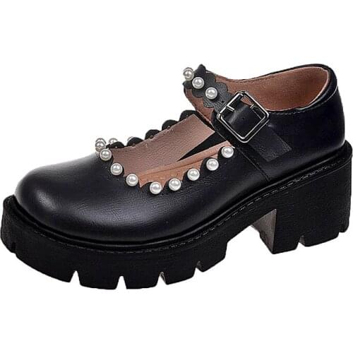 Thick Heels Womens Pumps Chaussure Femme Sweet Student Pearl Pu Leather Shoes Round Toe Calzado Mary Janes