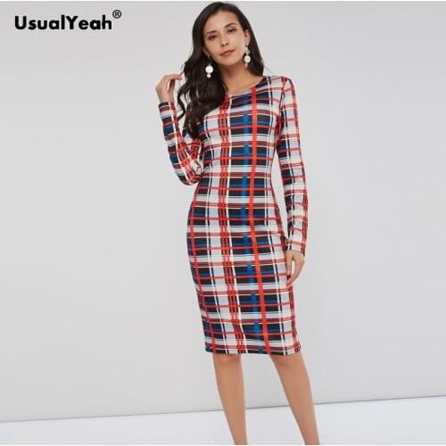 USUALYEAH Multicolor Plaid Office Ladies Bodycon Dresses Women O-Neck Long Sleeve Slim Knee Length Dresses OL Workwear Clothing