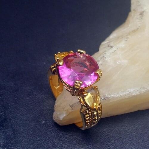 Gemstonefactory Jewelry Big Promotion Single Unique Yellow Gold Plated Red Topaz Citrine Women Men Gifts Band Rings 8# 20213015