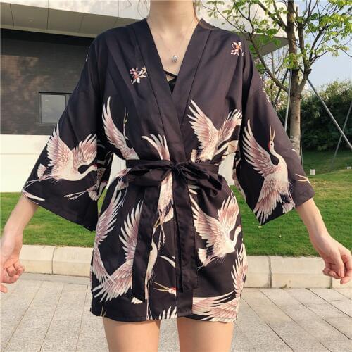 2020 Black Crane Kimonos Cardigan Women Japanese Fashion Kimono Traditional Harajuku Beach Loose Thin Shirt Sun-protective Coat