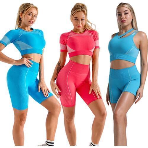 2pcs Women Yoga Set Summer Sport Vital Seamless Sport Suit Bra Gym Clothes Fitness Crop Top Shirt High Waist Shorts Sportswear