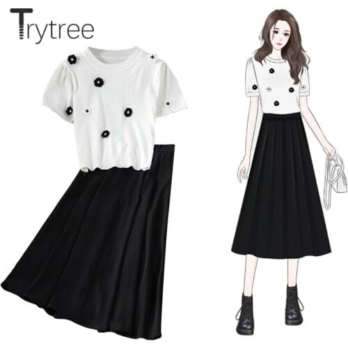 Trytree 2021 Summer Women Two Piece Set Casual Three-dimensional Floral Knitted Tops + Skirt Elasitc Waist Pockets 2 Piece Suit
