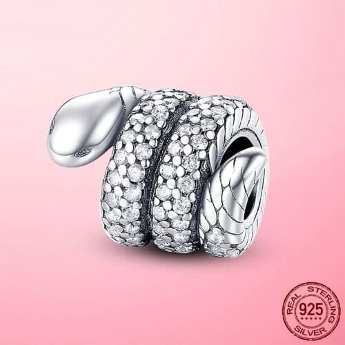 Silver Snake Charm 925 Sterling Silver Sparkling Wrapped Snake Charm fit Pan Bracelet CZ Original Silver 925 jewelry Making