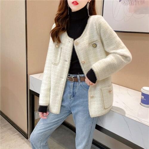 Faux Mink Knit Jacket Women Fashion Vintage Round Neck Knitted Cardigan 2020 Autumn Winter New Metal Button Retro Sweaters