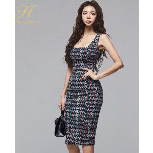 H Han Queen Sexy Sleeveless Print Dress Womens Summer Korean Style Pencil Bodycon Dresses Vintage Elegant Slim Sheath Vestidos