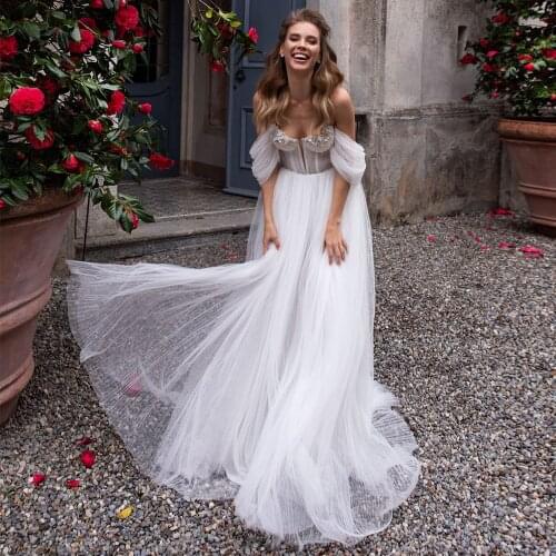 Sweetheart Off The Shoulder Wedding Dresses 2021 A-Line Appliques Beads Floor Length Princess Tulle Bridal Gown Backless