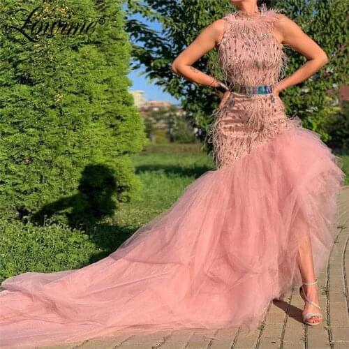 Pink Party Dress 2020 Newest Feather Crystals Formal Dresses Prom Vestido De Festa Islamic Dubai Middle East Evening Gown Kaftan