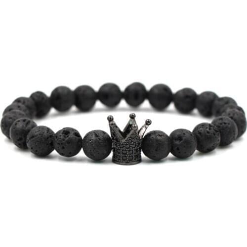 8mm 6j4 elastic adjusted nature black stone volcanic lava bead micro pave Crown cz cubic zirconia Bracelet