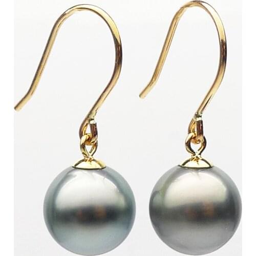 9.5-10MM Round Genuine Tahitian Gray Pearl Hook Drop Earrings 14K Yellow Gold