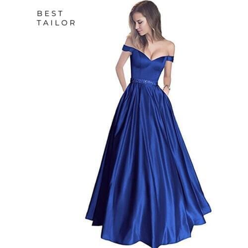 Satin Prom Dresses Dusty Off the Shoulder Simple Long Prom Gowns Pastel Beads Waist vestidos de fiesta largos elegantes de gala