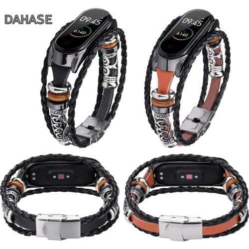 Bracelet For Mi Band 4 Retro Genuine Leather Watch Band For Xiaomi Mi Band 3 Wristband Strap with Metal Case Pulseira Accessory
