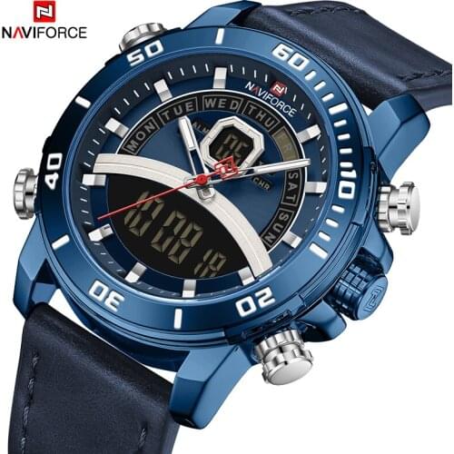 NAVIFORCE Top Brand Mens Watches BackLight Business WaterResistant Big Dial LED Digital Date Quartz Dual Display Leather Clock