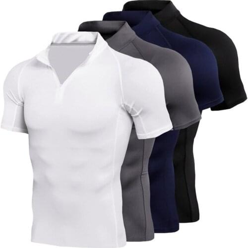 Men T-shirts Shorts Sleeve Zipper Quick Dry Sports Running Workout Shirts Tee 3XL Fitness Gym Casual Pullover Summer T shirts