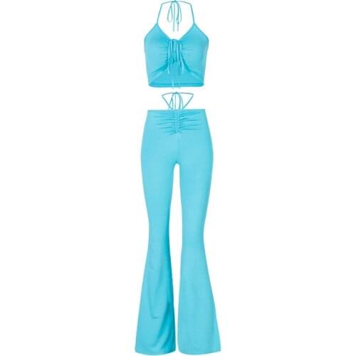 2021fashion treetwear Sexy Bandage Blue Suits Fashion Drawstring Halter Top and High Waist Flare Pants 2 Piece Set high quality
