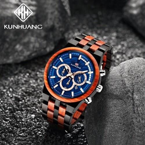 KunHuang Sports High-end Wooden Mens Watch Large Dial Quartz Watches Male Clock Zegarek Meski Relogio Masculino Wood Watches