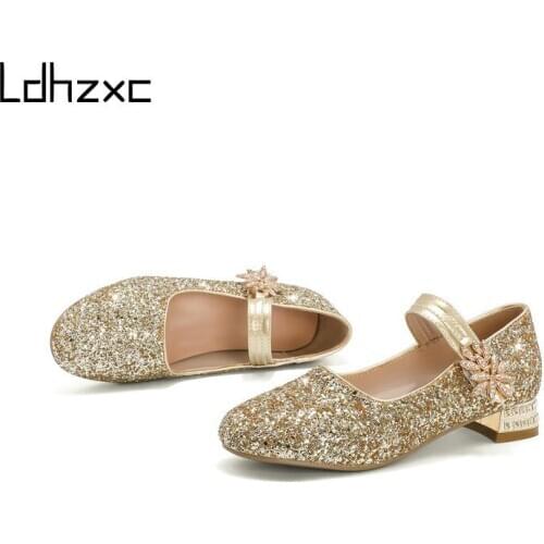 LDHZXC Spring Autumn Shoes Women Pumps Fashion Round Toe Low Heels Shoes Wedding Shoes Big Size Vintage Sequined Leather Pumps