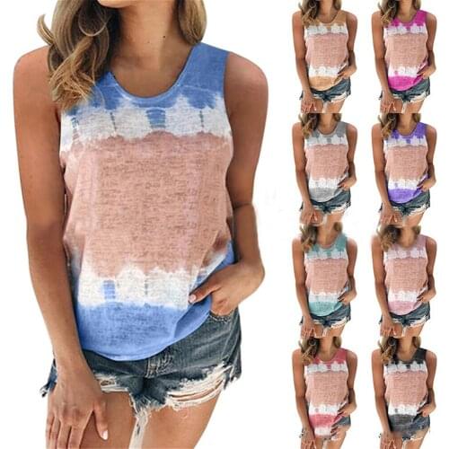 Tank Top Women Tie Dye Print O-neck Sleeveless Tee Shirts 2021 Summer Gray Casual Harajuku Loose Top Plus Size Camisole Tops