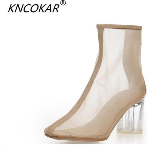 KNCOKAR Fashionable baotou sandal sex appeal net gauze breathable female shoe fashionable high heel short boot tide summer coars